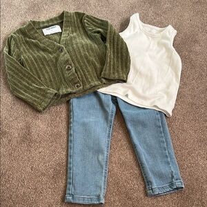 Old Navy Green Cardigan, White Tank, and Blue Jeans Set 2T